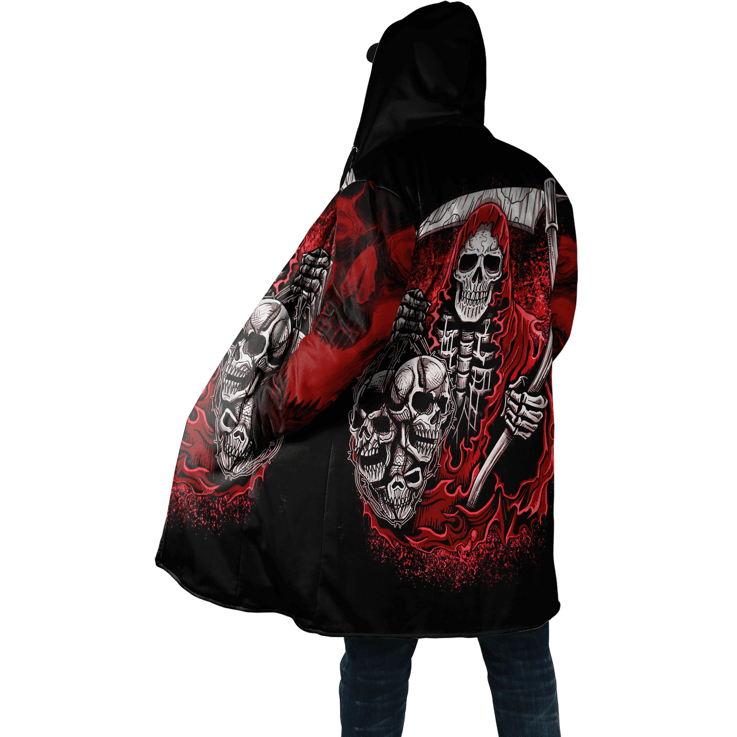 Winter Mens Cloak Fire Reaper Skull Tattoo 3D full Printing Fleece Hooded cloak Coat Unisex Casual Thick Warm Cape coat