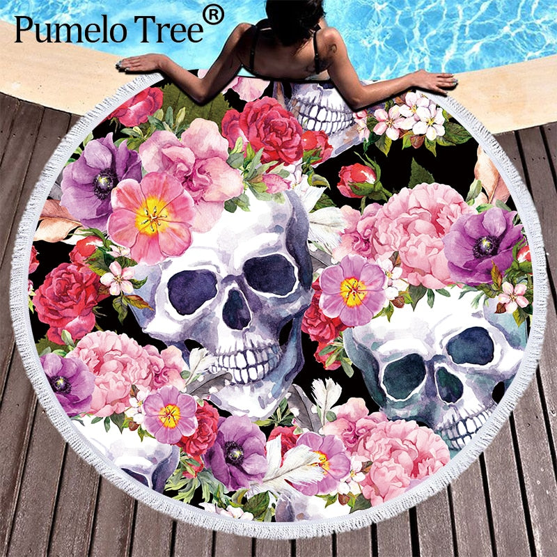 3D Sugar Skull Printed Beach Towel With Tassel Microfiber Large Bath Towel