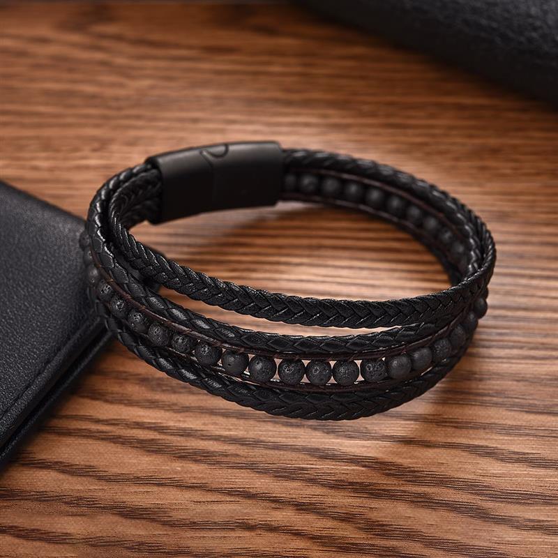 2pcs/set Black Leather Bracelets Men Natural Stone Beaded Stainless Steel