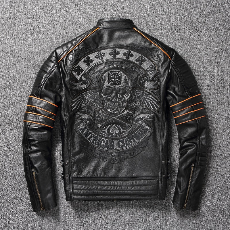 New Skull Embroidery Men's First Layer Cowhide Leather Jacket Motorcycle Slim  Oversize Coat