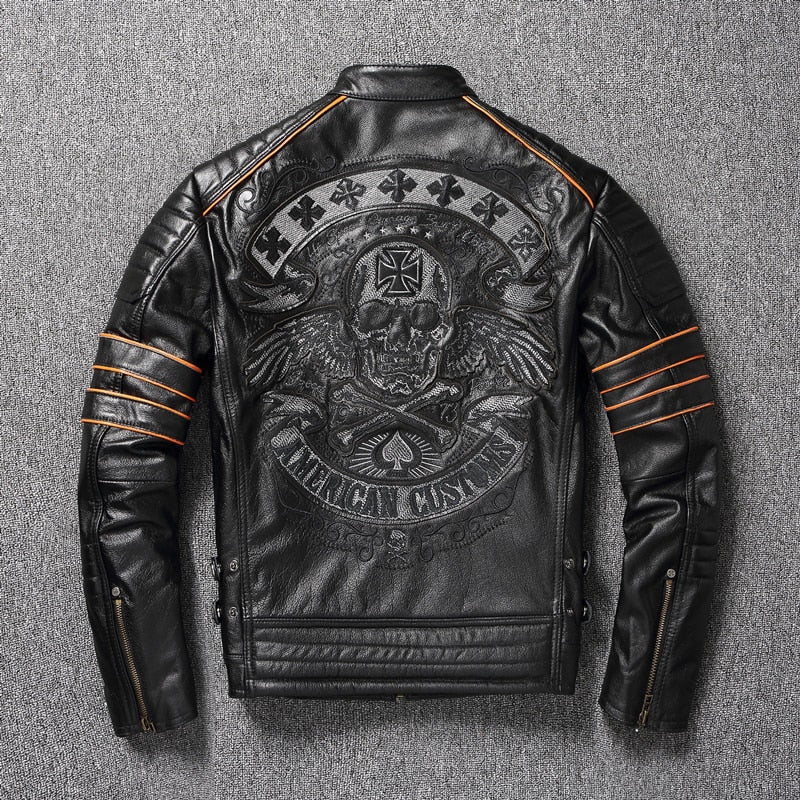 New Skull Embroidery Men's First Layer Cowhide Leather Jacket Motorcycle Slim Oversize Coat