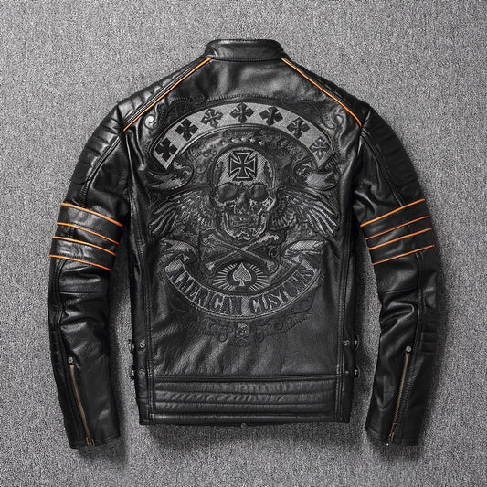 New Skull Embroidery Men's First Layer Cowhide Leather Jacket Motorcycle Slim  Oversize Coat