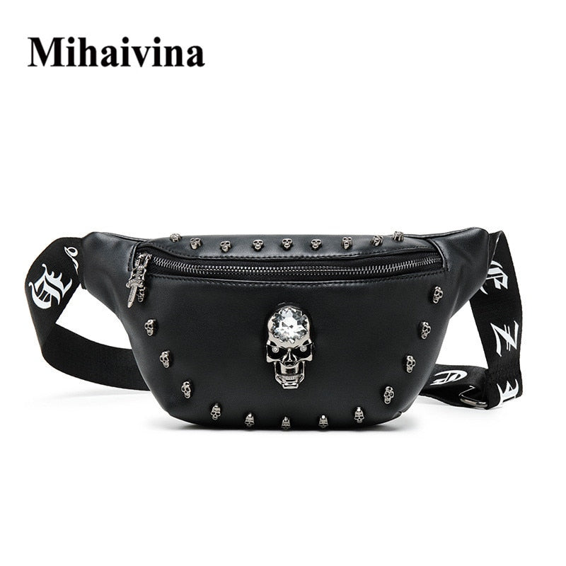 Gothic skull Waist Bag For Men Pu Leather Fanny Pack Punk Skull Rivet Chest Bags Unisex Hip Bum Bag Tide Shoulder Messenger Bags