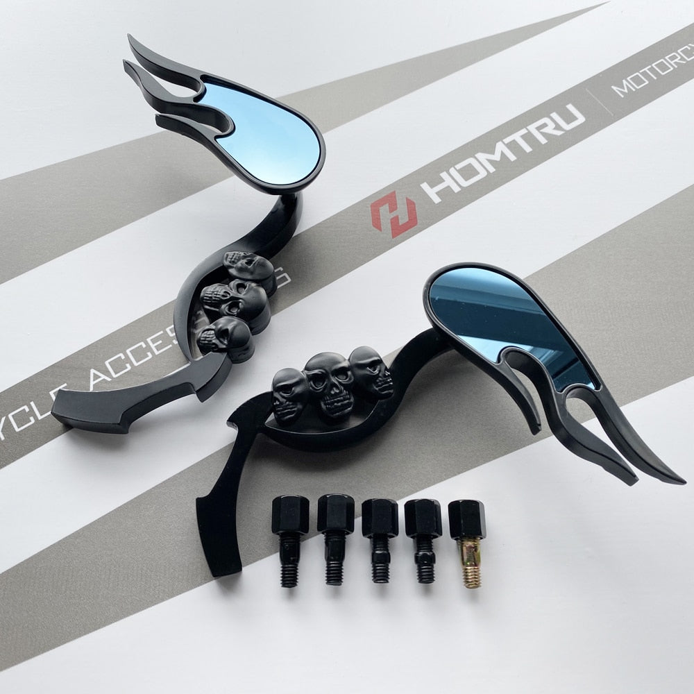 CHROME SKULL FLAME REARVIEW MIRRORS FOR HARLEY DYNA SOFTAIL SPORTSTER ROAD KING