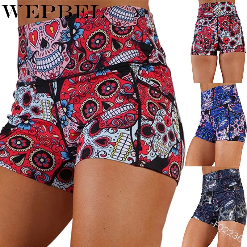 Women Summer Skinny Shorts Casual High Waist Skull Print Short Leggings