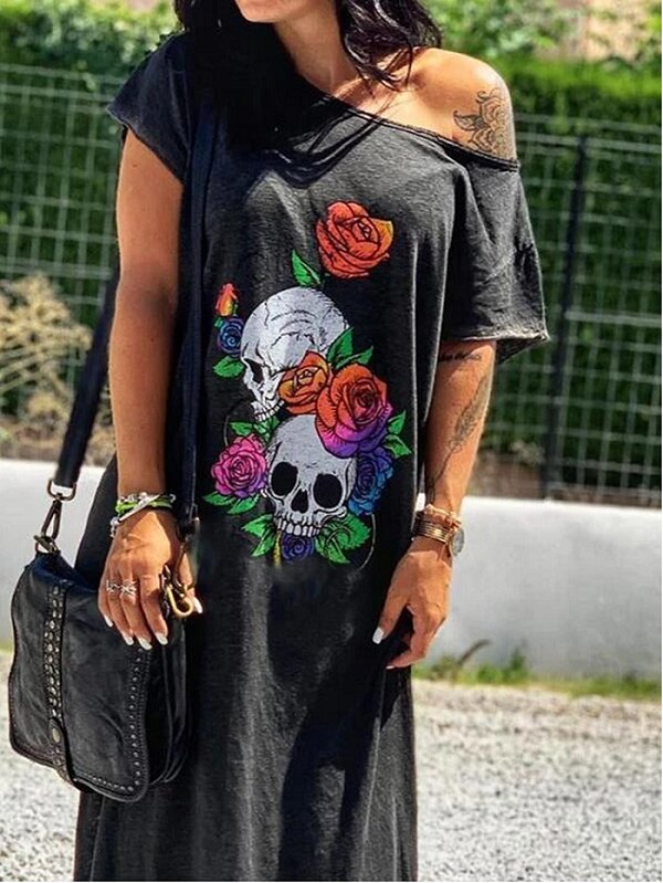 2020 Summer Dress Women Casual Punk Loose Short Sleeve Skull