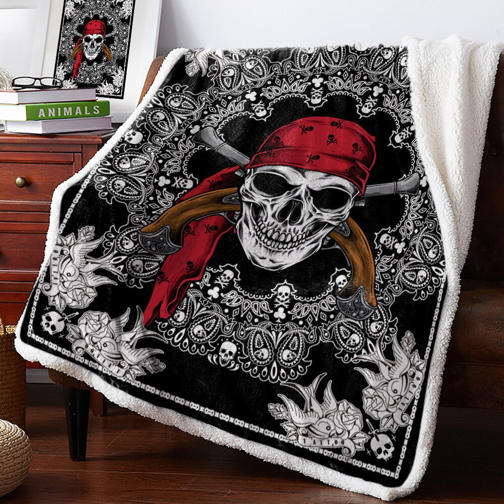 Sword Pirate Skull White Black Blanket Floral Fleece Blanket