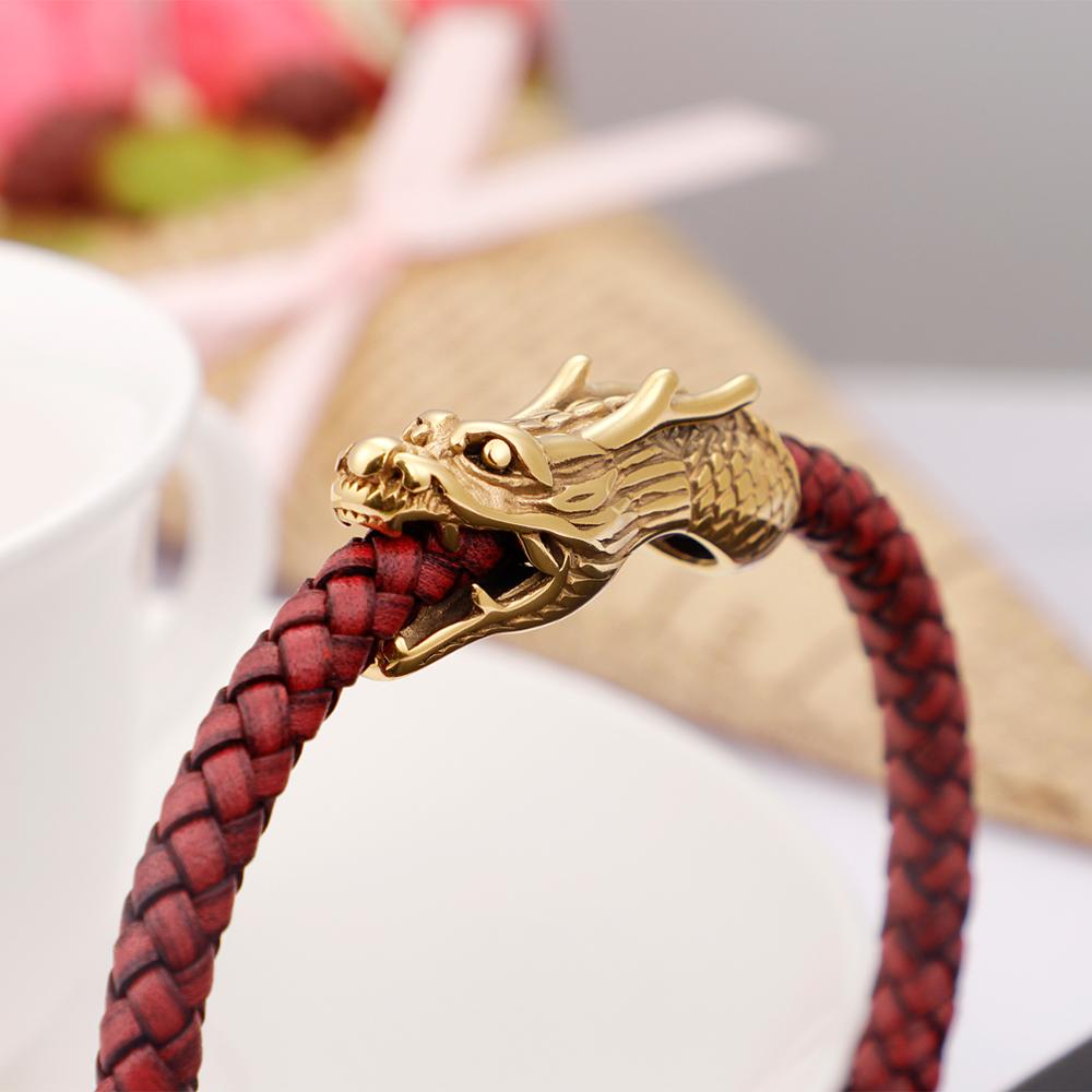 Dragon Charm Bracelets For Men 22cm Gold Stainless Steel + Red Leather Rope