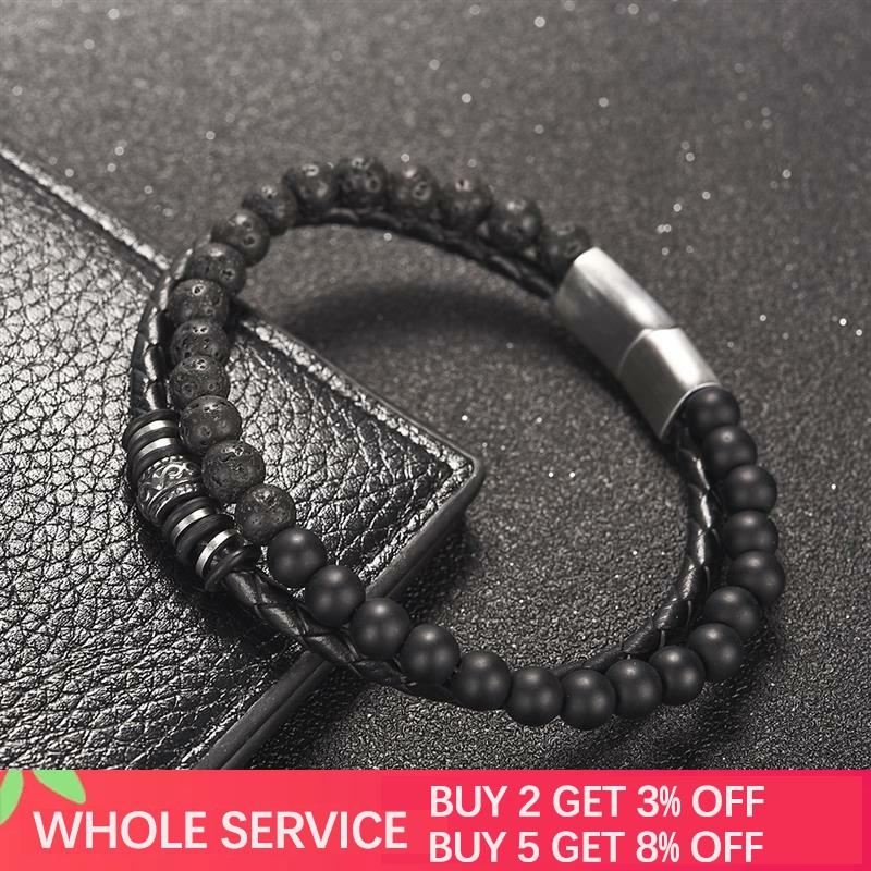 Charm Beads Leather Bracelet For Mens Jewelry Stainless Steel