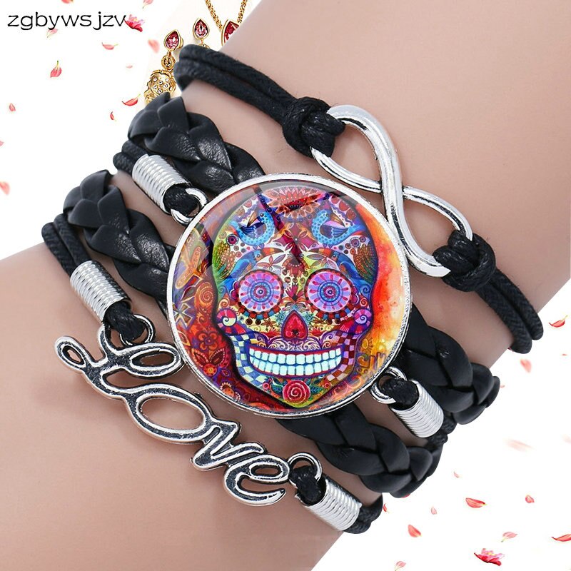 Mexico Sugar Skull Jewelry Glass Cabochon Black Leather Bracelet