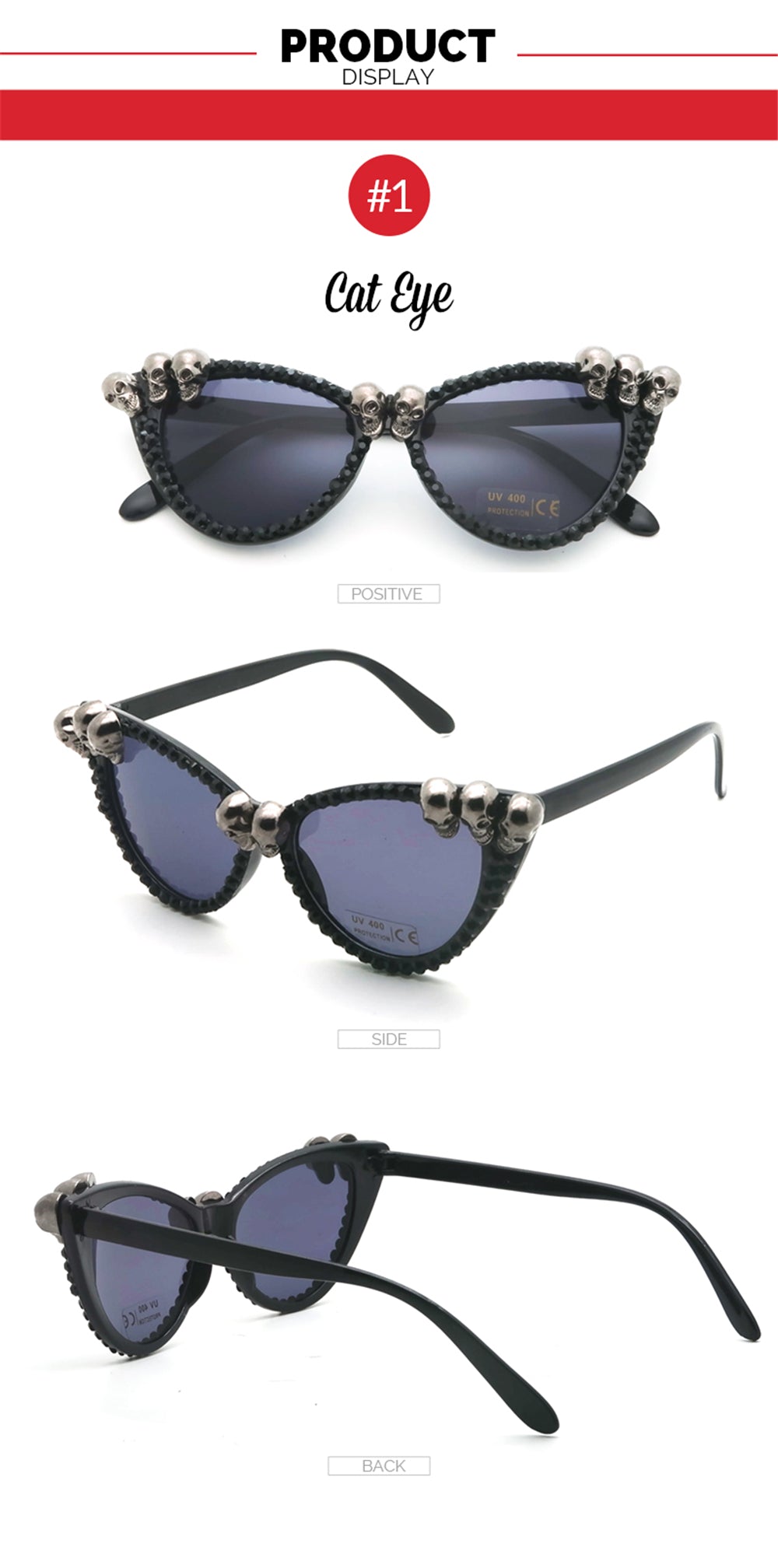Gothic Skull Sunglasses Halloween Christmas Cat Eye Crystal Punk Sun Glasses