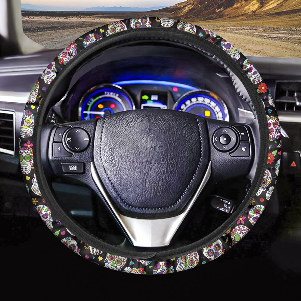 Sugar Skull Printed Full Lined Soft Padding Steering Wheel Cover