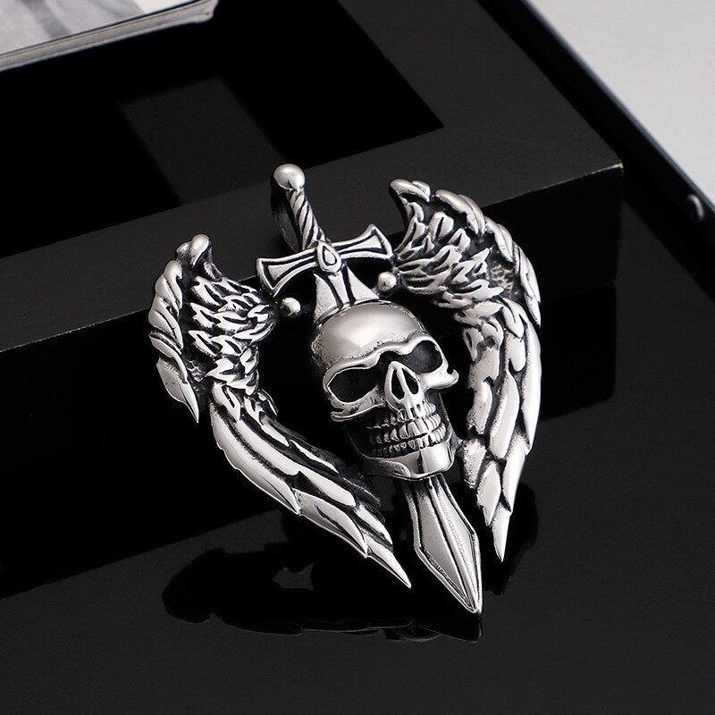 Punk Retro Skull Sword Wings Pendant Domineer Personality Men Titanium Steel Jewelry