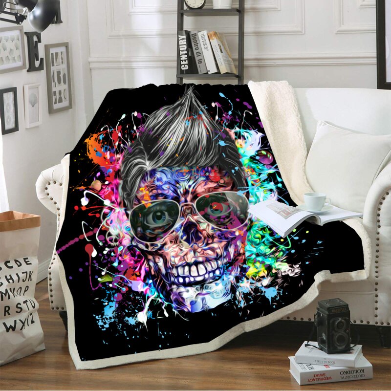 Double layer sugar skull blanket throw for sofa faux fur throw blanket