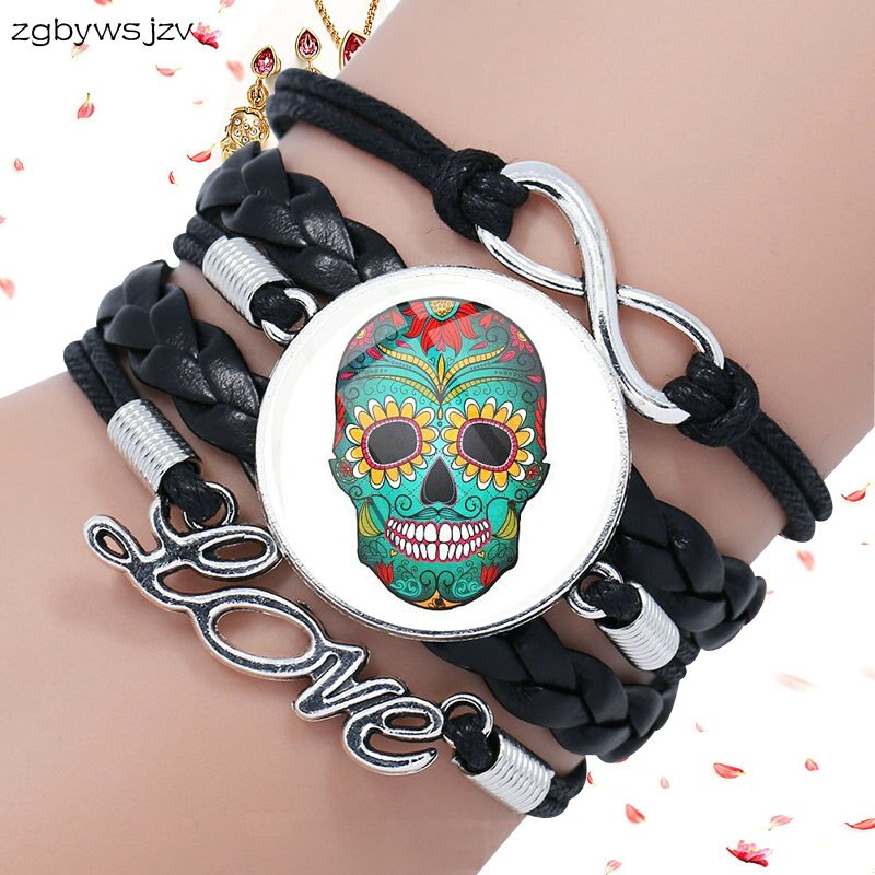 Mexico Sugar Skull Jewelry Glass Cabochon Black Leather Bracelet
