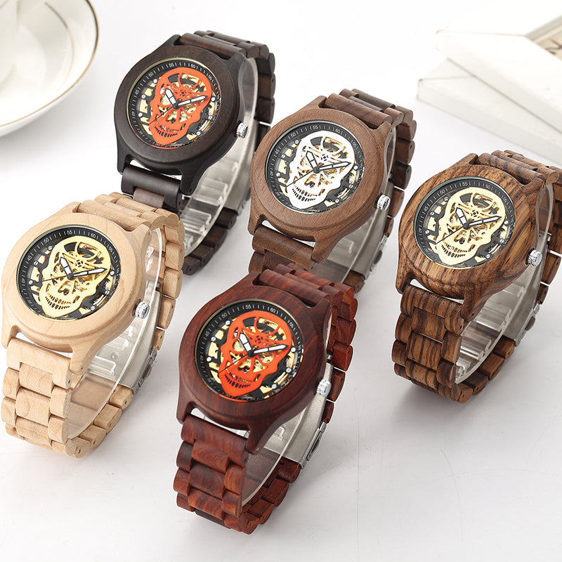 Hollow Skull Head Top Quality Mechanical Wood Wrist Watch Beech Rose Walnut Wooden Strap Luxury Wristwatch for Men and Women