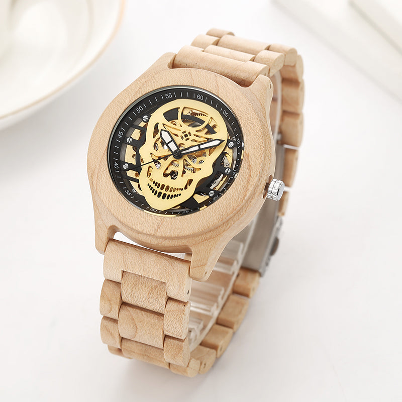 Hollow Skull Head Top Quality Mechanical Wood Wrist Watch Beech Rose Walnut Wooden Strap Luxury Wristwatch for Men and Women