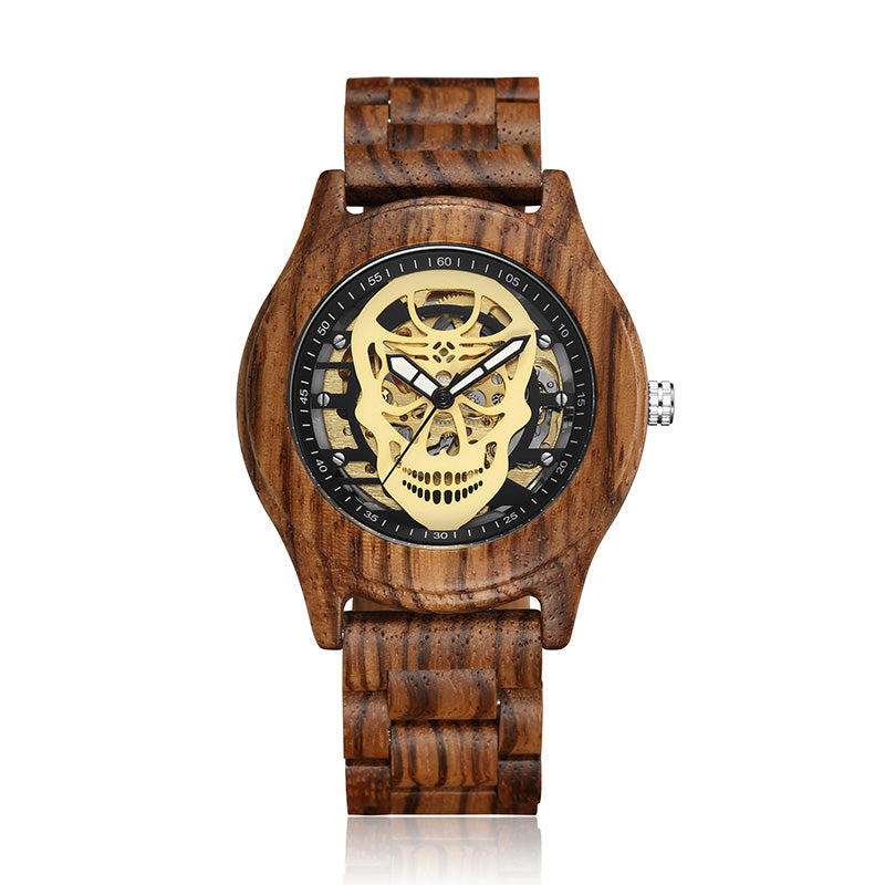 Hollow Skull Head Top Quality Mechanical Wood Wrist Watch Beech Rose Walnut Wooden Strap Luxury Wristwatch for Men and Women