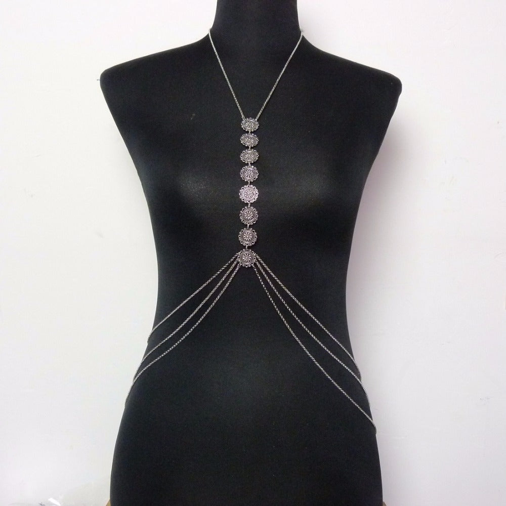 Hot Charming Tassel Body Chain Carving Flower Crossover Sexy Bikini Beach Harness Necklace Ethnic Belt Boho Body Jewelry
