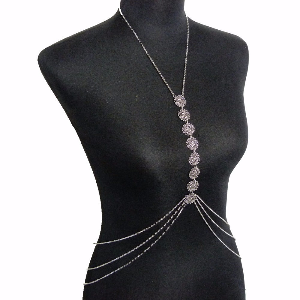 Hot Charming Tassel Body Chain Carving Flower Crossover Sexy Bikini Beach Harness Necklace Ethnic Belt Boho Body Jewelry