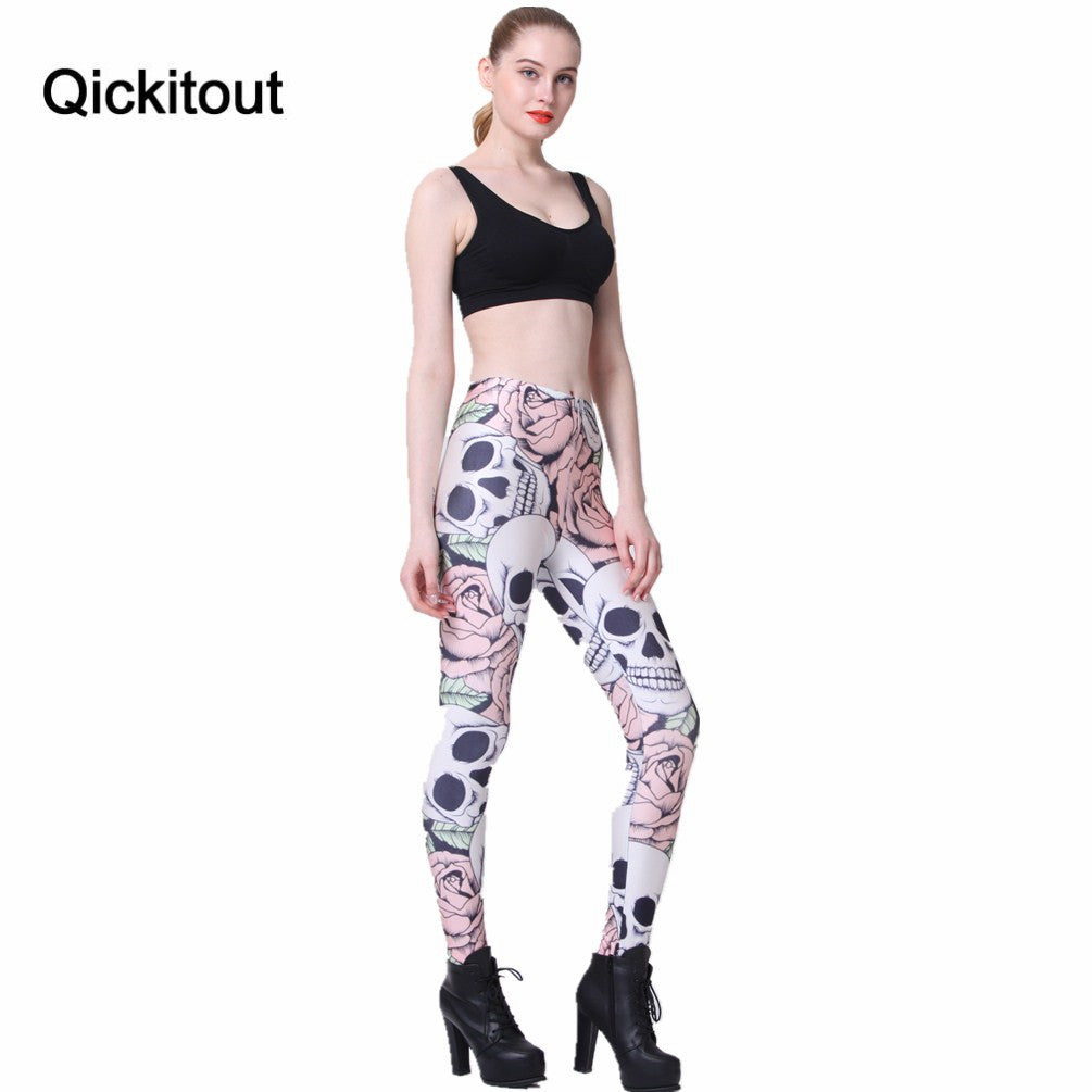 Hot New Fashion ROSE & SKULL Printed Female Fitness New Leggings Femininos Fashion Slim Elastic Pants Women Leggings