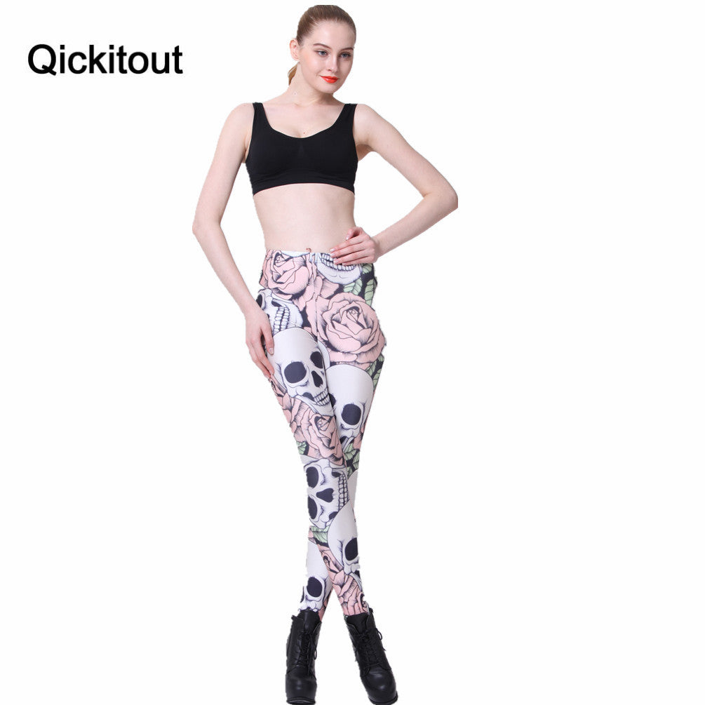 Hot New Fashion ROSE & SKULL Printed Female Fitness New Leggings Femininos Fashion Slim Elastic Pants Women Leggings