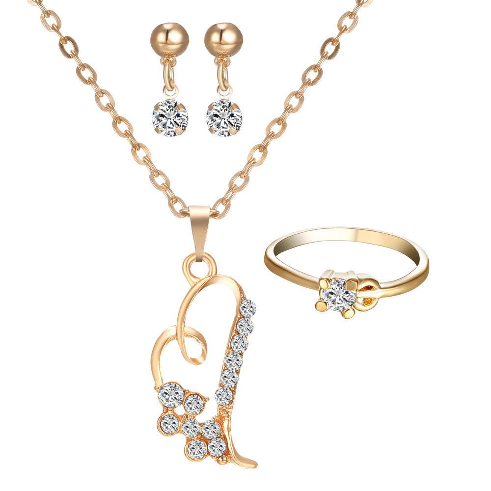 Hot Sale Mother's Day Gift Fashion Necklace Earrings Rings Jewelry Sets gold color Crystal Love Heart Wedding Jewelry Set