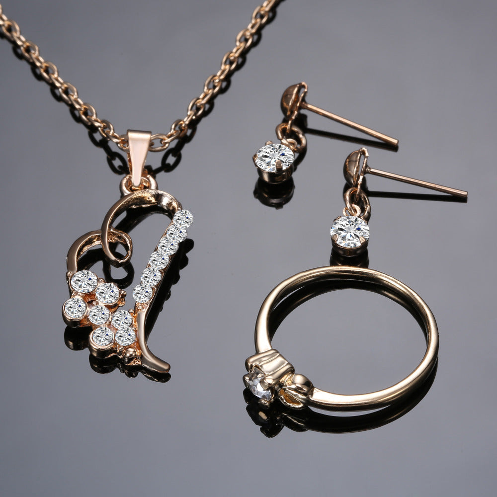 Hot Sale Mother's Day Gift Fashion Necklace Earrings Rings Jewelry Sets gold color Crystal Love Heart Wedding Jewelry Set