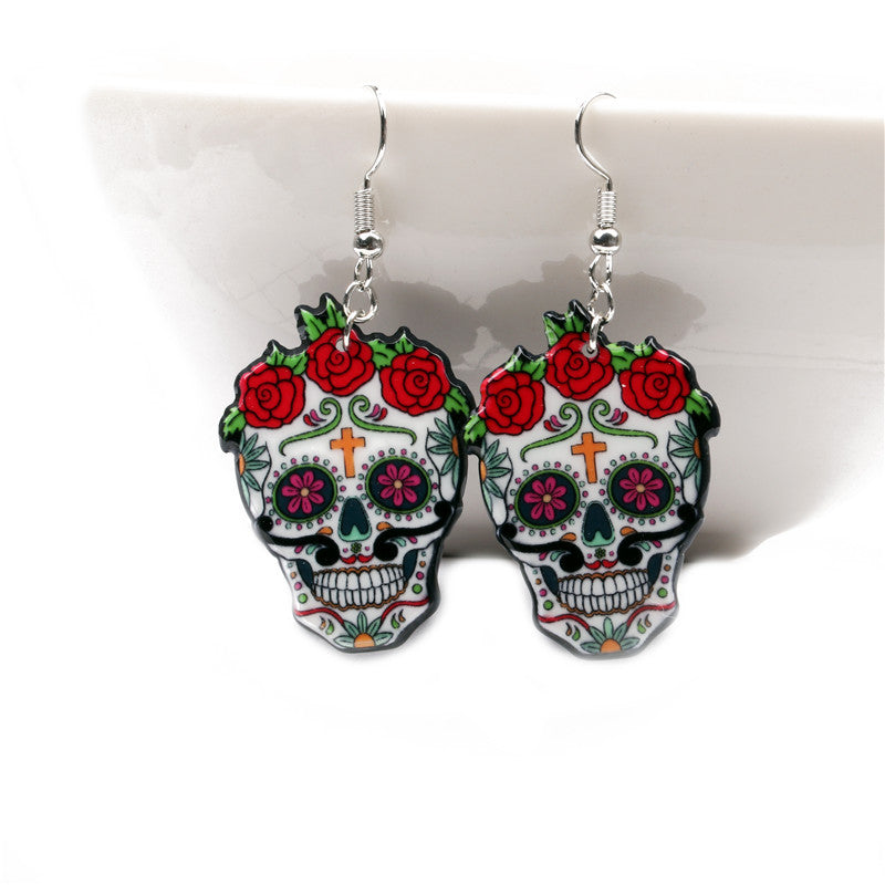 Hot Sale Women Girl Funny Sugar Skull Earrings Trendy Retro Red Rose Flower Earrings For Skeleton Acrylic Earrings Party jewelry