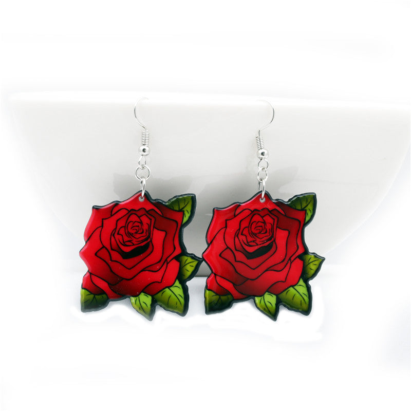 Hot Sale Women Girl Funny Sugar Skull Earrings Trendy Retro Red Rose Flower Earrings For Skeleton Acrylic Earrings Party jewelry