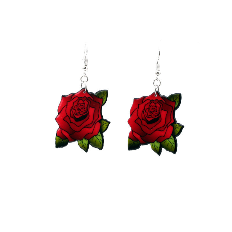 Hot Sale Women Girl Funny Sugar Skull Earrings Trendy Retro Red Rose Flower Earrings For Skeleton Acrylic Earrings Party jewelry