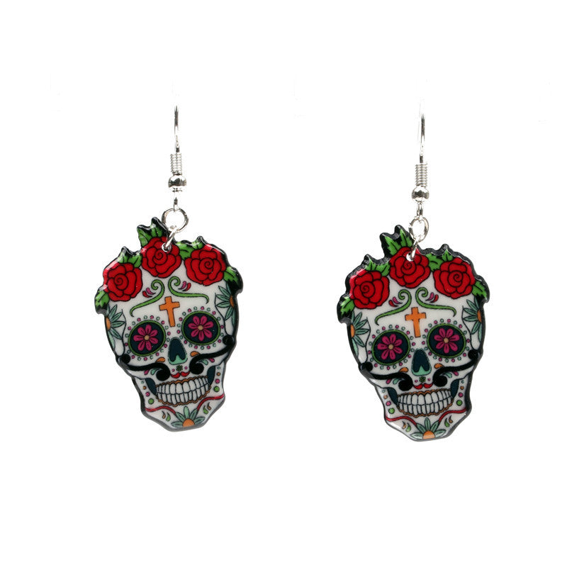 Hot Sale Women Girl Funny Sugar Skull Earrings Trendy Retro Red Rose Flower Earrings For Skeleton Acrylic Earrings Party jewelry
