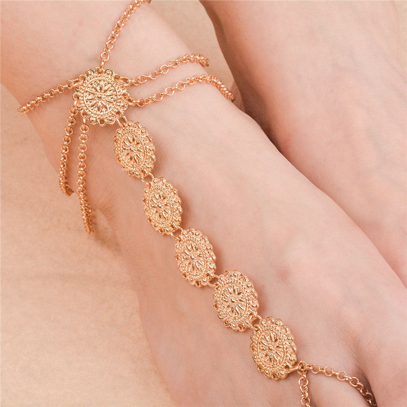 Hot Summer Vintage Ankle Bracelet Round Carving Flower Coins Anklet Barefoot Sandals Foot Jewelry Anklets For Women To Beach 1pc