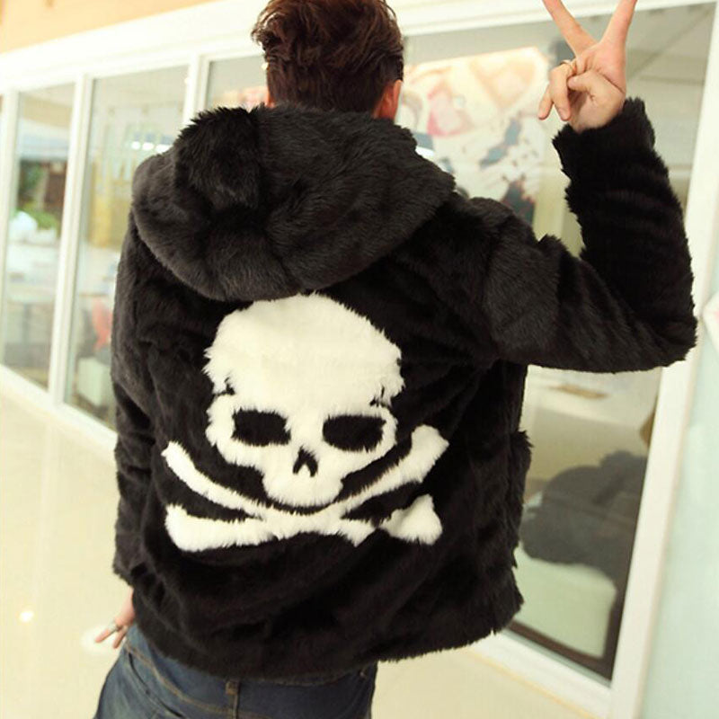 Hot sell Winter new Leather grass overcoats male skull pattern fashion Hoodie faux fur coat Cozy black rabbit fur jacket