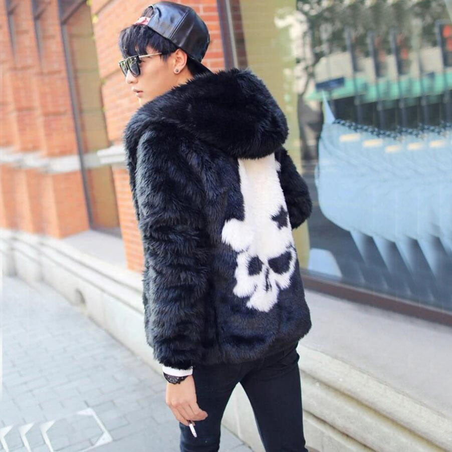 Hot sell Winter new Leather grass overcoats male skull pattern fashion Hoodie faux fur coat Cozy black rabbit fur jacket