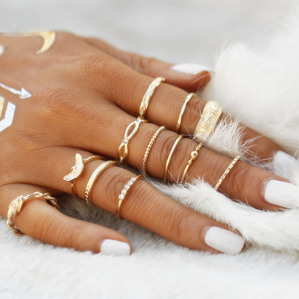12pcs/Lot Eagle Crystal Gold Color Ring Set For Engagement Women Jewelry Midi Finger Ring Party For Girls Anillos