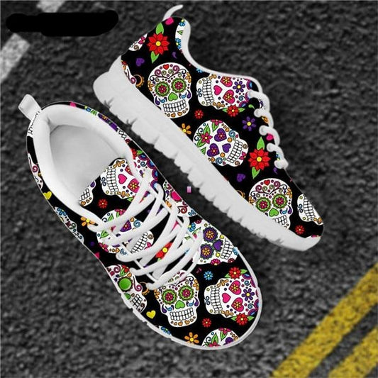 Sugar Skull Floral Flats Sneaker Shoes for Women Light Weight Sneakers