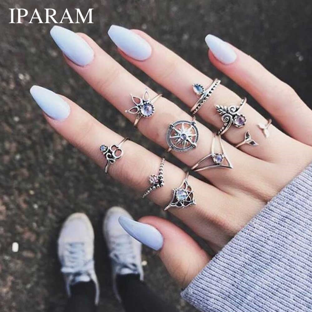 9 Pcs/set Tail Compass Yoga Water Drop Hollow Carved crystal Women Ring Set