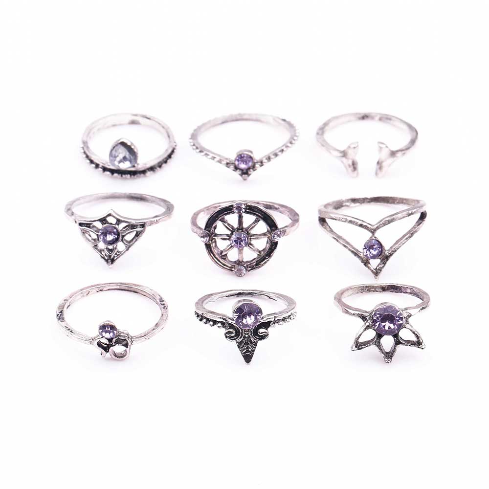 9 Pcs/set Tail Compass Yoga Water Drop Hollow Carved crystal Women Ring Set