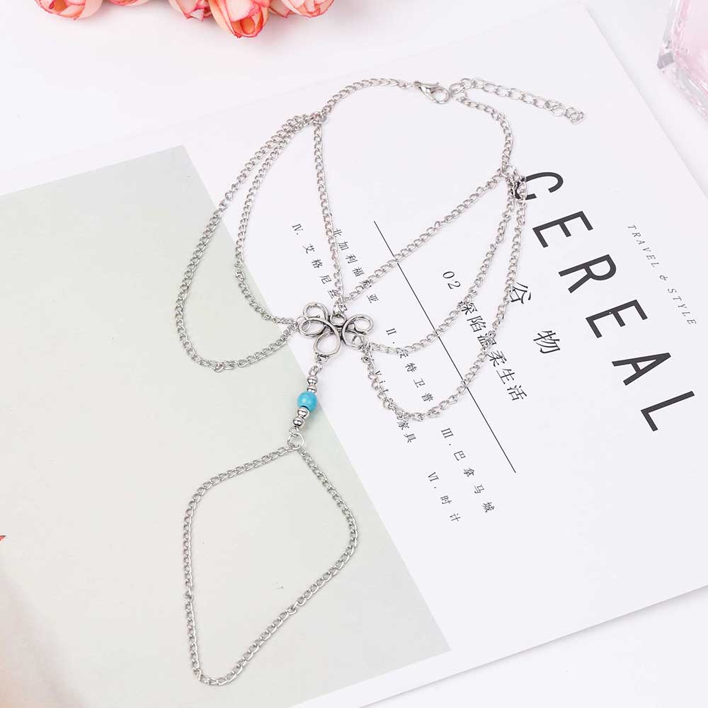 Blue Stone Ankle The New fashion Simple Retro Hollow Pattern Gem Beaded tassel Even referring to Beach Anklet Female