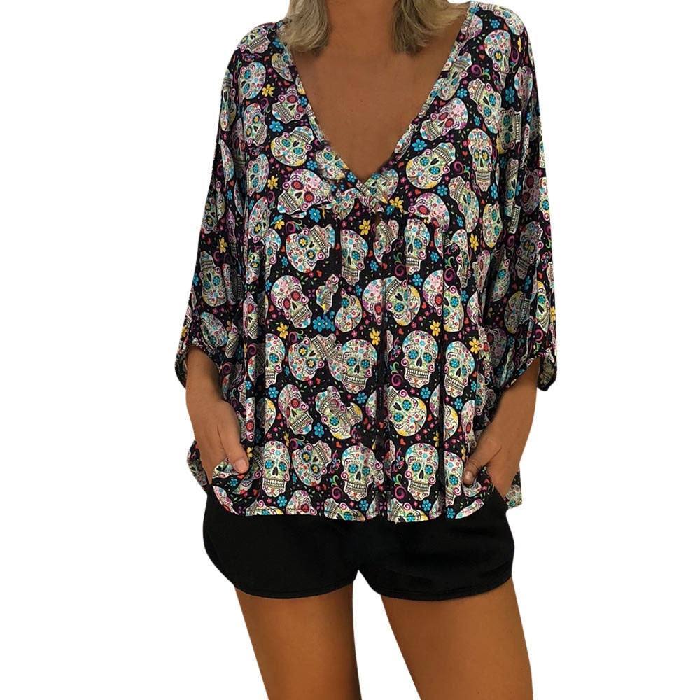 Sexy Top Women Blouse Womens 3/4 Sleeve Skull Print