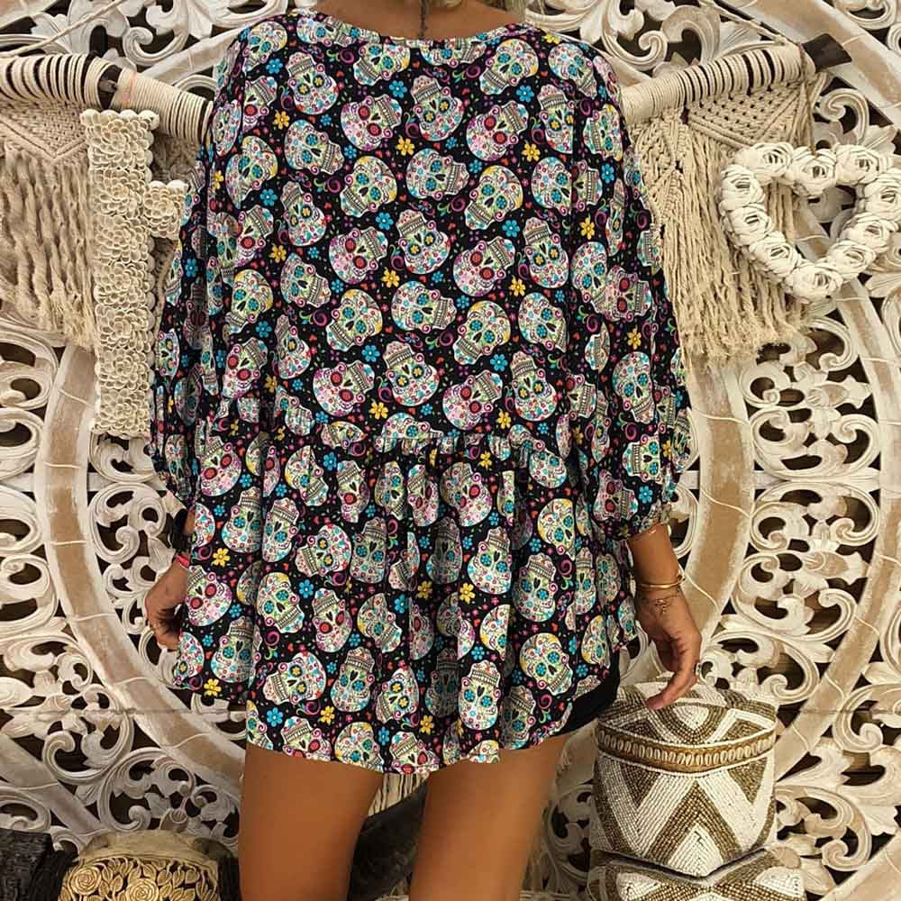 Sexy Top Women Blouse Womens 3/4 Sleeve Skull Print