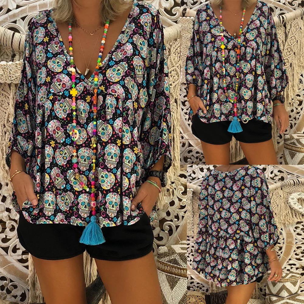 Sexy Top Women Blouse Womens 3/4 Sleeve Skull Print