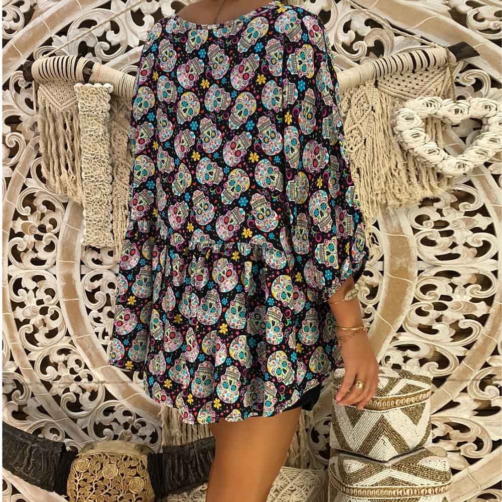 Sexy Top Women Blouse Womens 3/4 Sleeve Skull Print