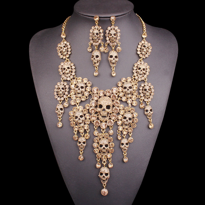 Individuality Rhinestones Skeleton Necklace Earrings Sets Vintage Skull Jewelry Sets Retro crystal Jewellery Set Gift for Women