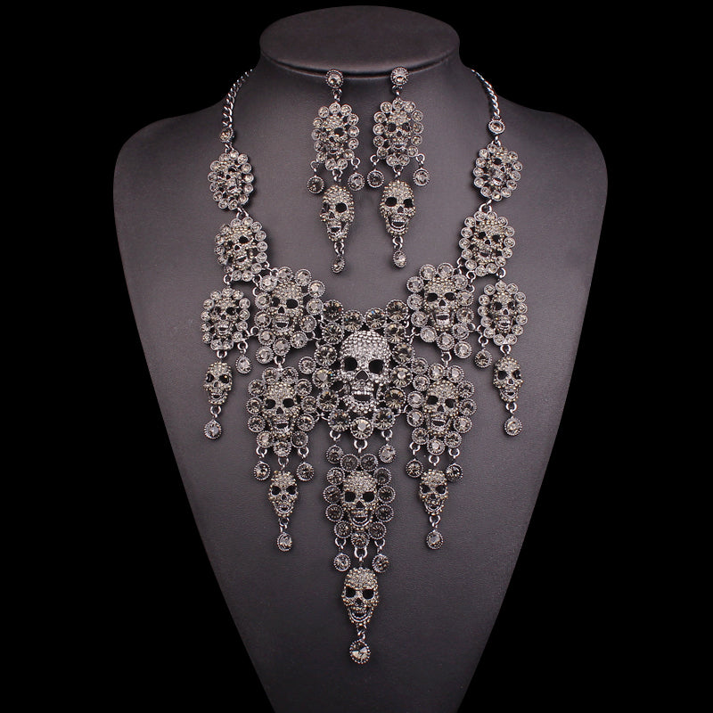 Individuality Rhinestones Skeleton Necklace Earrings Sets Vintage Skull Jewelry Sets Retro crystal Jewellery Set Gift for Women