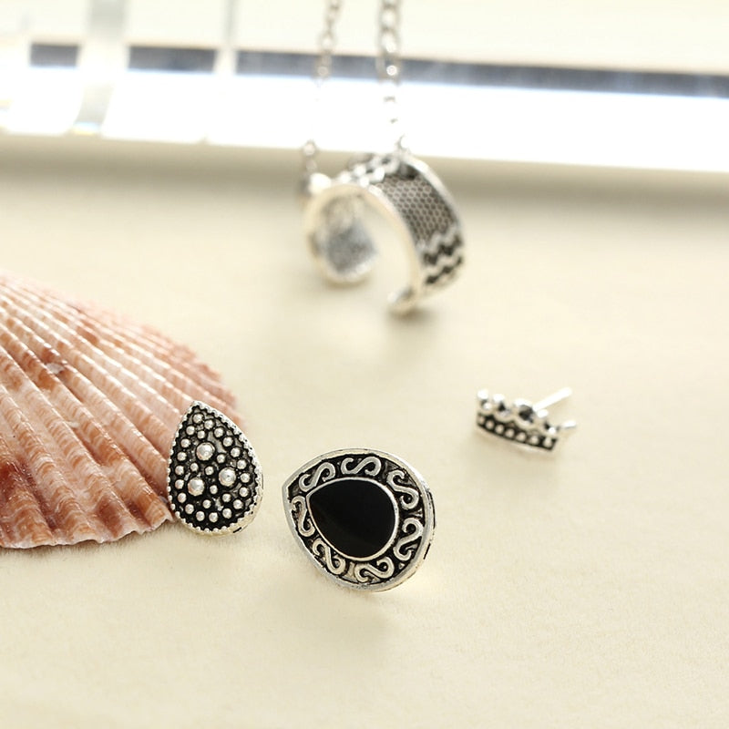 Vintage 4 PCS/Set Ear Jewelry for Women Silver-Color Geometric Crown