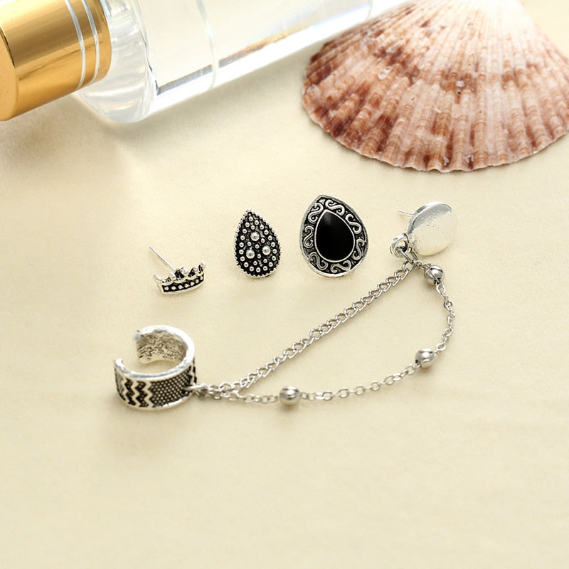 Vintage 4 PCS/Set Ear Jewelry for Women Silver-Color Geometric Crown