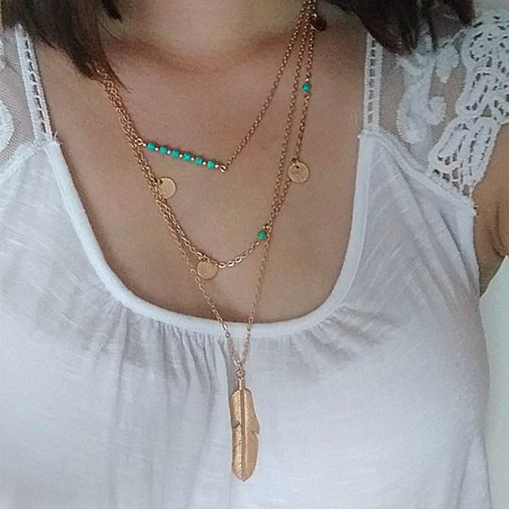 KISS WIFE 2017 New Fashion Feather Necklace Leaf Layer 3 Necklace Multilayer Necklace Women