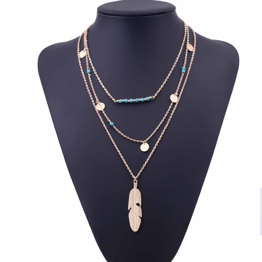 KISS WIFE 2017 New Fashion Feather Necklace Leaf Layer 3 Necklace Multilayer Necklace Women